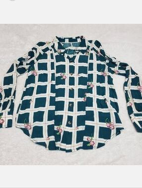 Free People Window to my Heart Green Cream Plaid Floral Blouse S Flowy Feminine‎